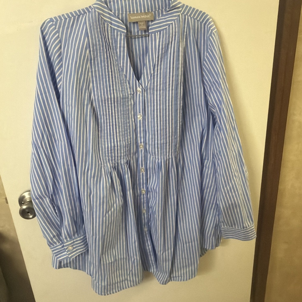 Woman Within Blue & White Stripe Pintuck Button Front Blouse  size 14/16